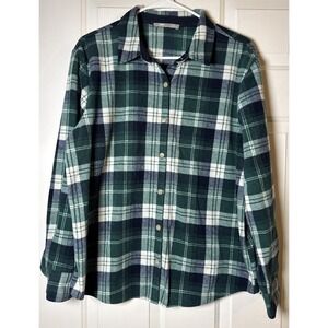 Lee Riders Womens Large Plaid Flannel Shirt Green Blue White Button Up Lg Sleeve